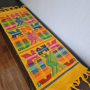 Multicolor Table Runner, Rainbow Guatemalan Textile, El Quetzal Tablecloth