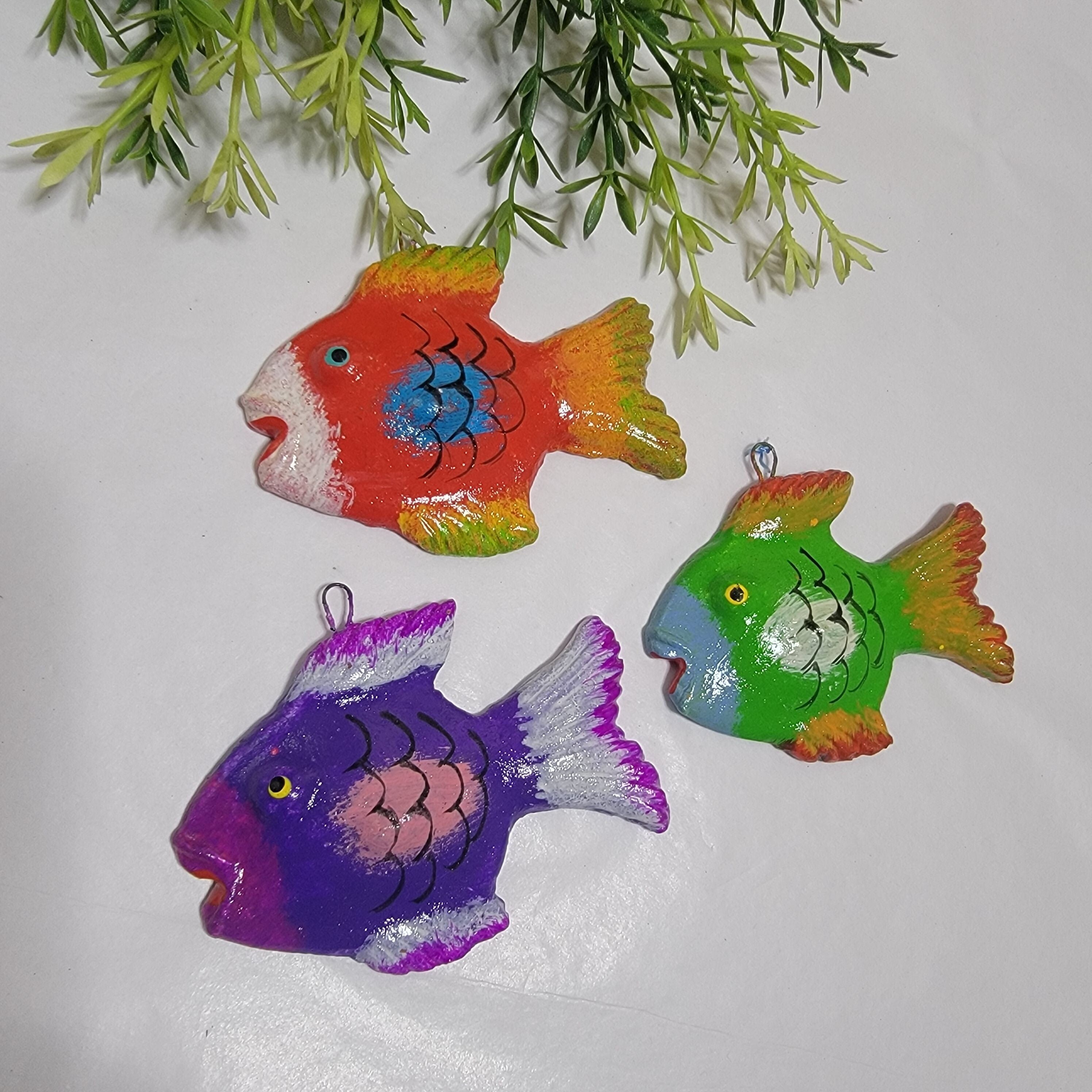 SET OF 3 Fishes Ornaments, Clay Fishes Decor, Guatemalan Ornaments, Beach Feels Decor