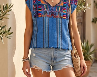XS Vintage Guatemalan Huipil –  Blue Mayan Top with Colorful Machine Embroidery (Fits Size 2–4 or Youth 8+)
