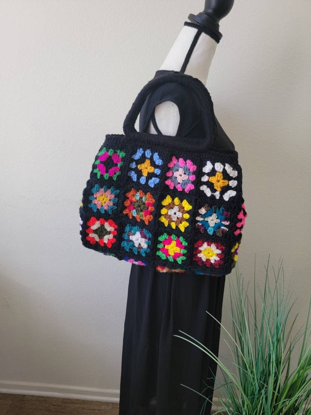 Multicolor Crochet Purse, Black Crochet Purse, Granny Squares Bag