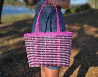 Pink Handwoven Recycled Plastic Market Basket from Guatemala, Durable All-Purpose Tote