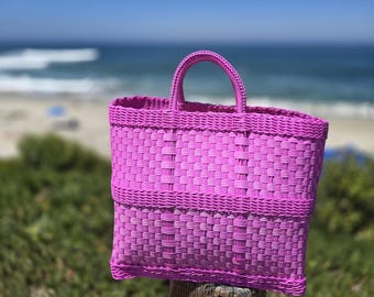 Pink Recycled Plastic Market Basket, Woven Guatemalan Beach Bag,  Pink Mercado Bag
