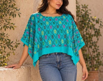 NEW TEAL Huipil, Guatemalan Traditional Top from Coban, Handwoven Maya Embroidery Crop Top
