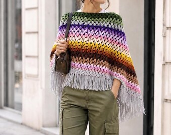 Multicolor Crochet Poncho with Fringe, Striped Mañanera, Rainbow Casual Layering Cover Up