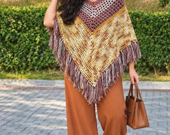 Crochet Poncho with Fringe, Earth Tone Chevron Mañanera, Casual Layering Cover Up