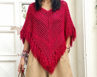 Red Crochet Poncho with Fringe, Red Chevron Mañanera,  Casual Layering Cover Up