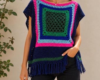 Navy Crochet Poncho with Colorful Granny Square and Fringe, Handmade Mañanera Cover Up