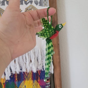 Huichol Quetzal Wall Hanging, Guatemalan Bird, El Quetzal Decoration, Beaded Central American Bird, Green Bird from Guatemala, Beaded Bird