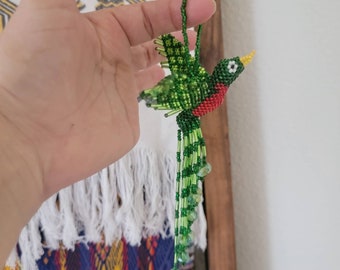 Huichol Quetzal Wall Hanging, Guatemalan Bird, El Quetzal Decoration, Beaded Central American Bird, Green Bird from Guatemala, Beaded Bird