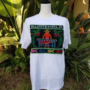 MEDIUM EMBROIDERED Unisex Guatemalan T-shirt,  El Quetzal T-shirt, Gift for Guatemalan Teacher, La Marimba T-shirt, Mayan White Cotton Shirt