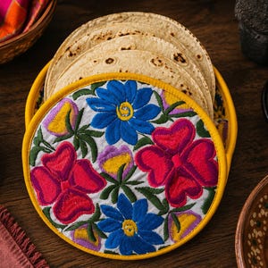 Puede incluir: Un calentador de tortillas redondo de tela con borde amarillo, que presenta un diseño de flores bordadas en colores vibrantes azul, rosa, morado y amarillo sobre fondo blanco, conteniendo una pila de tortillas de maíz beige.