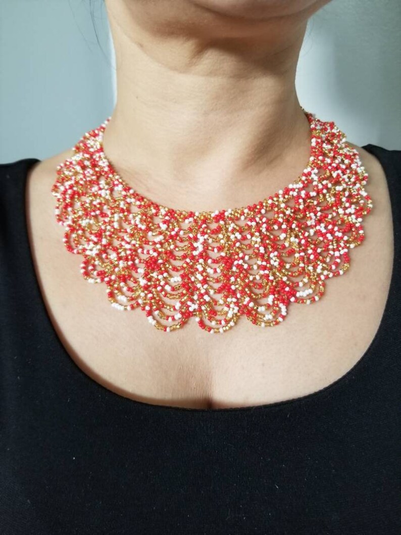 Red and White Beaded Necklace Red and Gold Choker Bib Necklace Christmas Necklace Red White short necklace Gold and red choker white and red