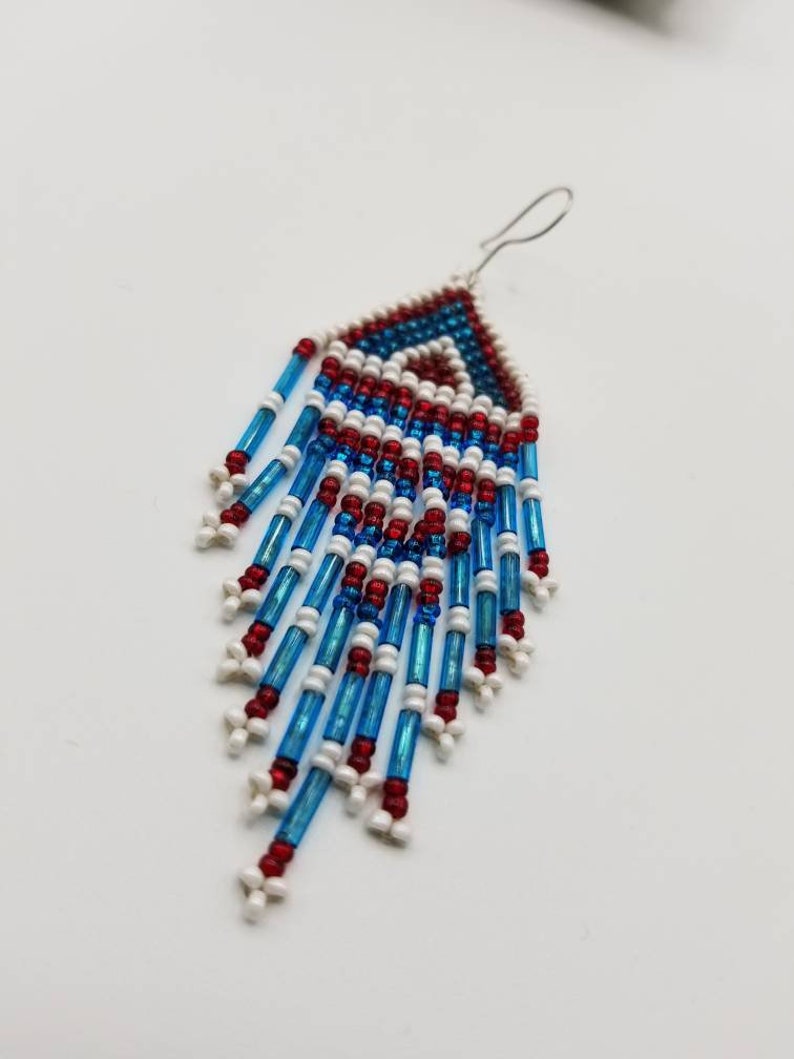 Blue Red White Dangle Earrings Multicolor Beaded Earrings White Blue Earrings Long Earrings Huichol Earrings Fringes Earrings 4th of July