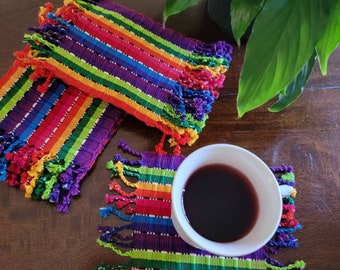 Rainbow Coasters, Handwoven Coasters, Guatemalan Coasters, Latin Party Table Decorf