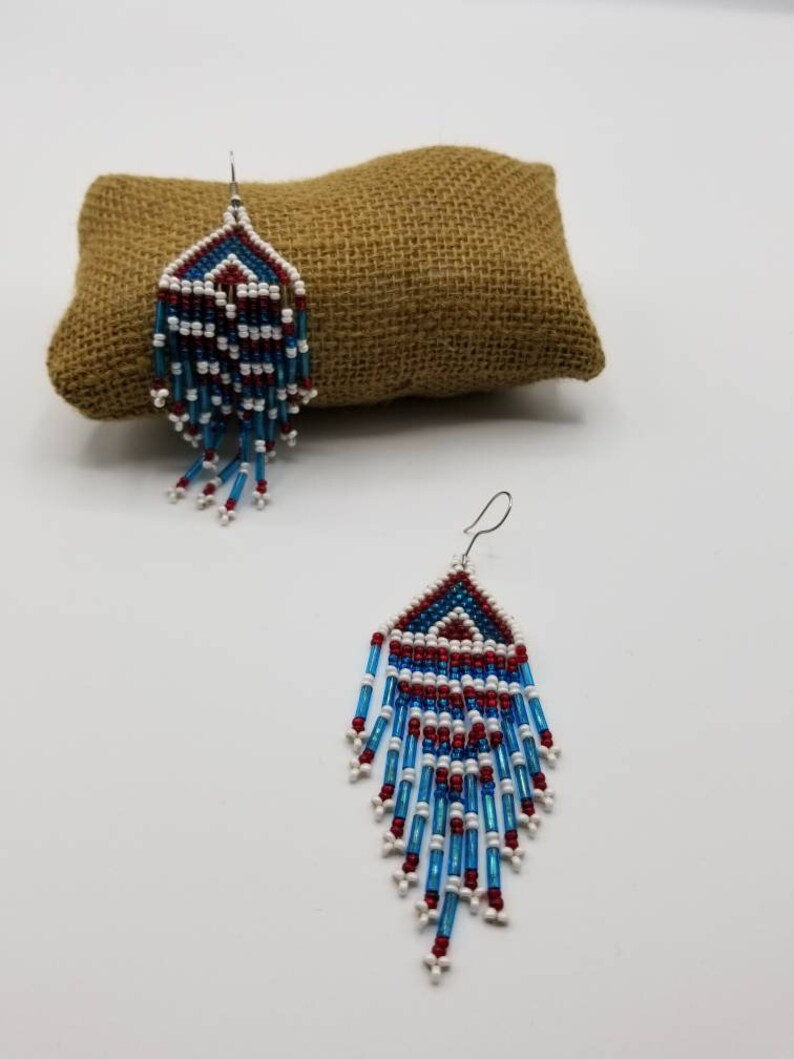 Blue Red White Dangle Earrings Multicolor Beaded Earrings White Blue Earrings Long Earrings Huichol Earrings Fringes Earrings 4th of July