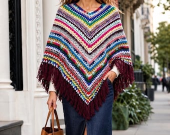 Multicolor Crochet Poncho with Burgundy Fringe, Striped Mañanera, Rainbow Crochet Cover Up