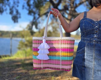 Bolsa de mercado blanca a rayas multicolor / Bolso multiusos resistente