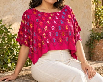 NEW Bright Magenta Red Cobán Crop‑Top Huipil, Guatemalan Indigenous Top,  Lightweight & Flowy Poncho