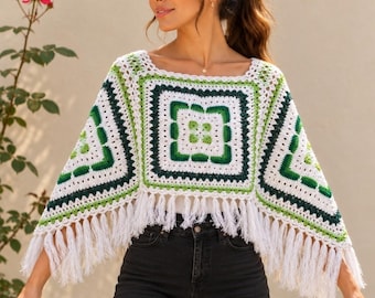 Green Crochet Poncho with Fringe, Granny Squares Chevron Mañanera, Tones of Green Shawl