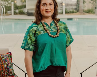 VINTAGE Green Guatemalan Hand Embroidered Top, Shades of Green Mayan Top, Authentic Indigenous Handwoven Huipil