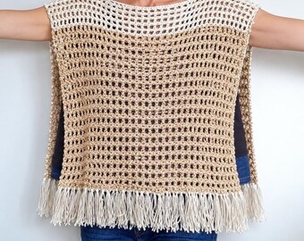 Beige Crochet Poncho with Fringe, Earth Tone Chevron Mañanera, Off White Mañanita