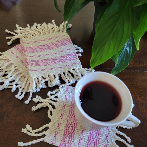 White Handwoven Coaster, Guatemalan Textile Coaster, Embroidered Mug Rug, Guatemalan Table Decoration