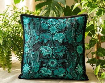 Hummingbird Pillow Cover, Black and Green Folk Art Cushion, Nature Inspired Boho Decor