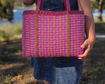 Burgundy Handwoven Recycled Plastic Market Basket, Durable All-Purpose Tote