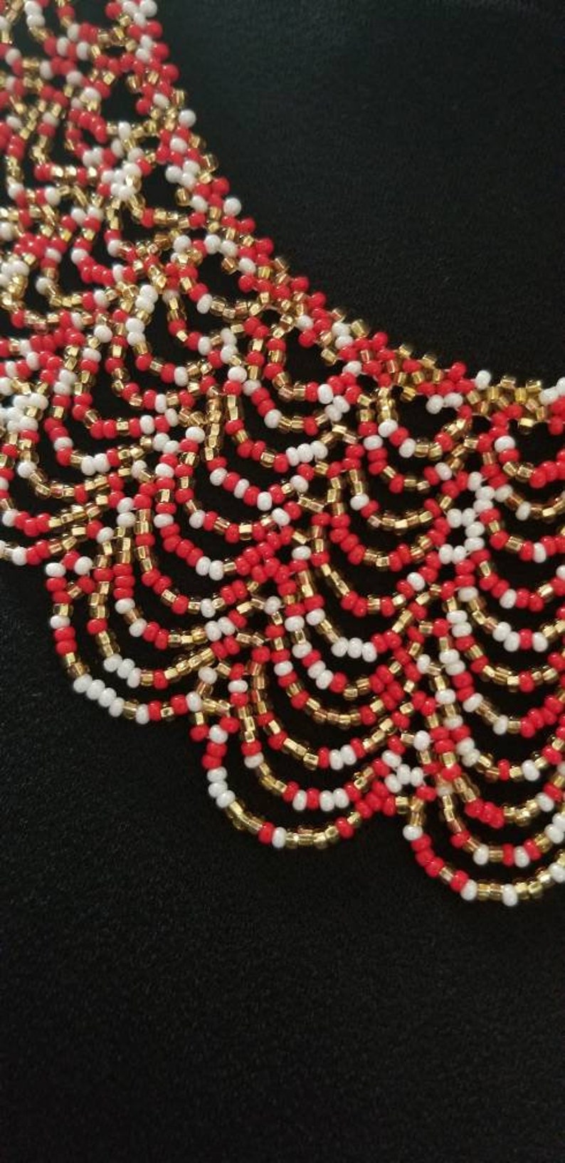 Red and White Beaded Necklace Red and Gold Choker Bib Necklace Christmas Necklace Red White short necklace Gold and red choker white and red