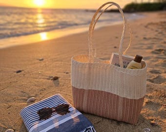 Copper Recycled Plastic Market Bag, Handwoven Beige Beach Tote, Washable Grocery Basket