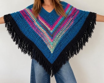 Handmade Teal Crochet Poncho with Multicolor Stripes and Black Fringe, Crochet Mañanera