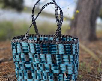 Bolsa de mercado de plástico reciclado turquesa: Bolsa de mercado negra y verde azulada