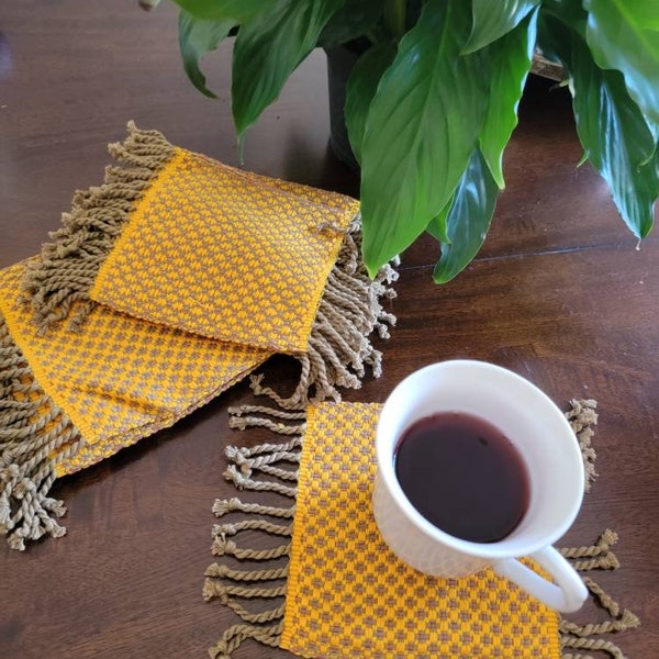 Mustard Yellow Coaster, Guatemalan Coaster, Handwoven Coaster, Bee Theme Table Decor, Fall Table Decor