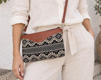Handwoven Guatemalan Clutch with Leather | Black Beige Wristlet | Artisan Minimalist Clutch Bag