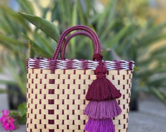 Cream and Burgundy Multicolor Plastic Mini Bag: Beige Mini Plastic Mercado Bag