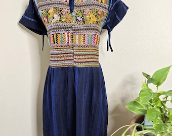 Small Vintage 1970s Maxi Dress, Floral embroidered Guatemalan Maxi Dress, Navy Blue Huipil Dress