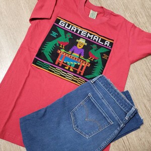 SMALL unisex Guatemalan T-shirt, El Quetzal T-shirt, Red Central American T-shirt, Gift for Guatemalan Dad, La Marimba Souvenir