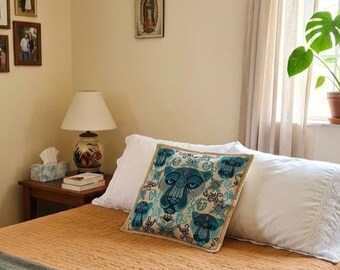 Jaguar Pillow Cover, Beige and Green Folk Art Cushion, Nature Inspired Boho Decor