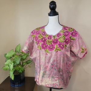 VINTAGE XL to 3X Guatemala Hand Embroidered Top, Mayan Fabric Top, Handwoven Huipil, Guatemalan Gift for Her, Pink Huipil Blouse