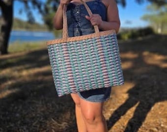 Beige Handwoven Recycled Plastic Market Basket, Durable All-Purpose Tote, Market Bag