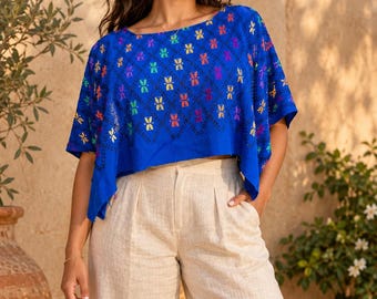NEW Bright Blue Cobán Crop‑Top Huipil — Silk Hand Embroidery, Lightweight & Flowy Guatemalan Top