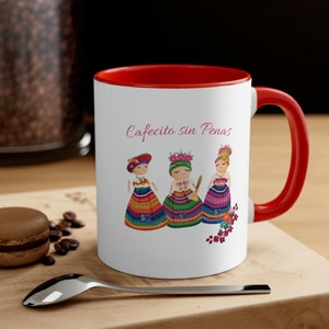 RED Worry Dolls Mug, Worry Dolls Cups, Guatemalan Cup, Guatemalan Mug, Guatemalan Accent Coffee Mug 11 oz