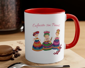 RED Worry Dolls Mug, Worry Dolls Cups, Guatemalan Cup, Guatemalan Mug, Guatemalan Accent Coffee Mug 11 oz