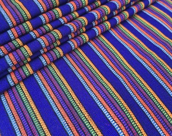 Blue Striped Guatemalan Fabric by the Yard, Multicolor Guatemalan Cotton Fabric