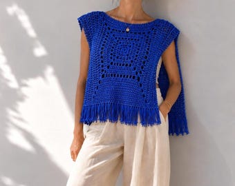 Royal Blue Crochet with Silver Shimmer, Blue Crochet Poncho, Royal Blue Crochet Shawl
