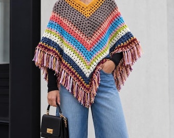 Multicolor Chevron Crochet Poncho with Mixed Fringe, Crochet Mañanera in Mustard, Taupe and Turquoise