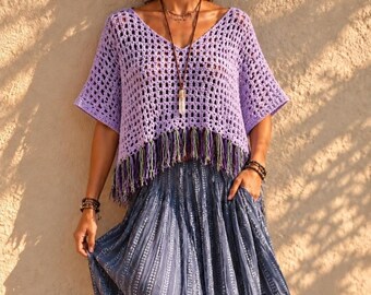 Purple Crochet Poncho – Lilac Fringe Shawl - Lavender Bohemian Crochet Shawl