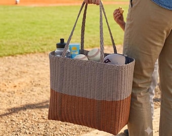 Copper Recycled Plastic Market Bag, Handwoven Beige Beach Tote, Washable Grocery Basket