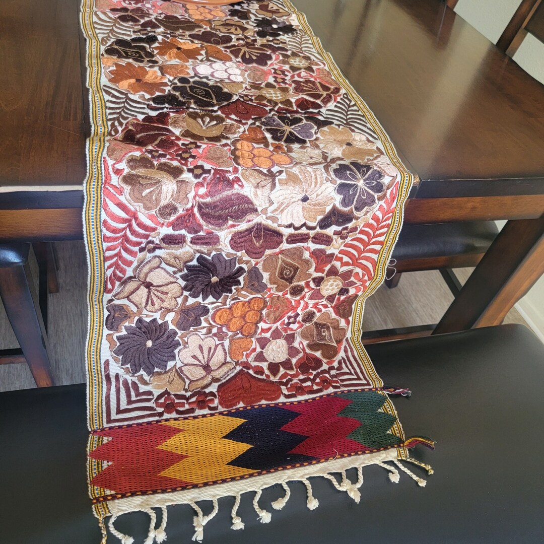 Beige Table Runner, Earth Tones Table Runner, Flowers Cotton Table