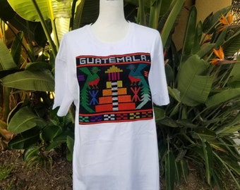 XL EMBROIDERED unisex Guatemalan T-shirt, El Quetzal T-shirt, Tikal Ruins Gift, Guatemalan Unisex Gift, White Guatemalan Shirt